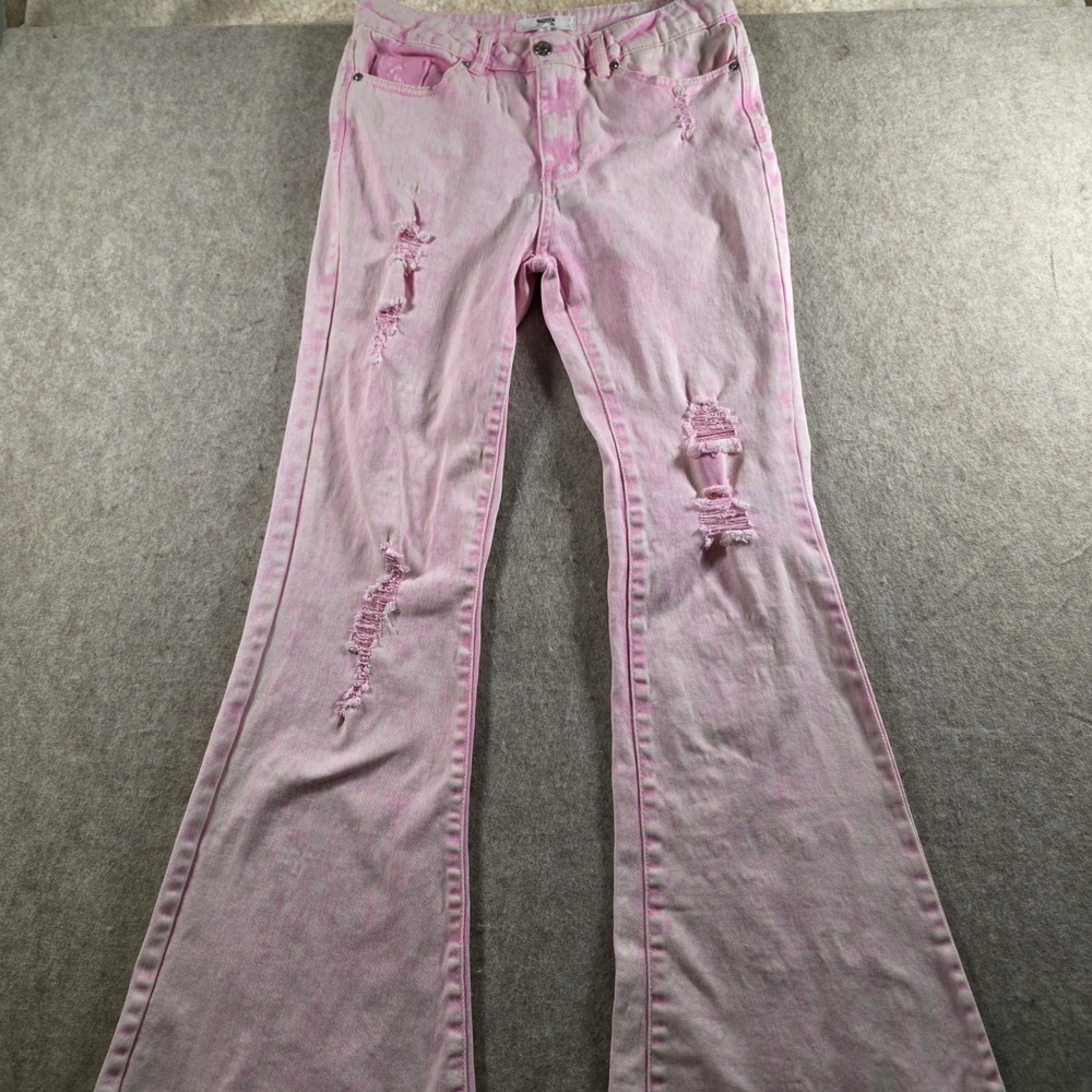 Madden NYC Pink Acid Wash Distressed Flare Jeans Womens Size 7 High Rise Y2K